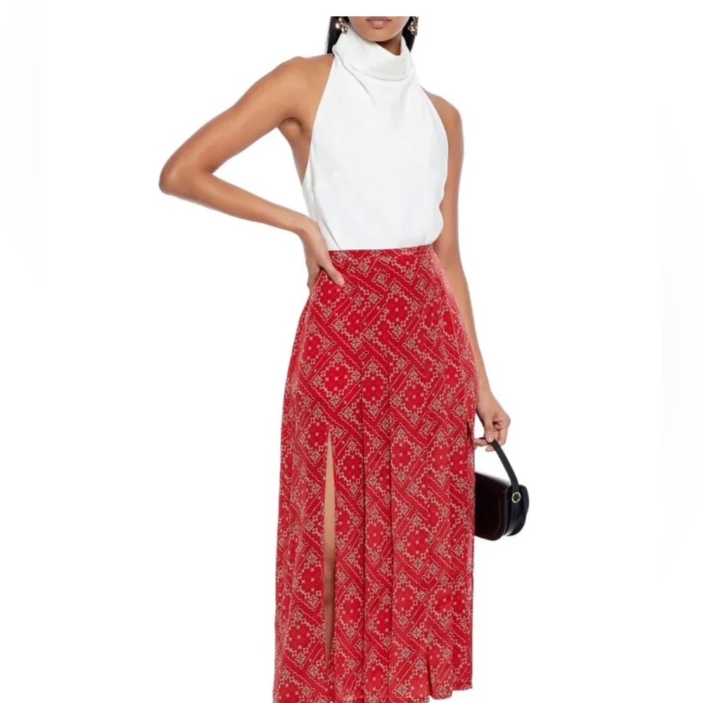RIXO Georgia A Line Red Print Silk Midi Skirt
